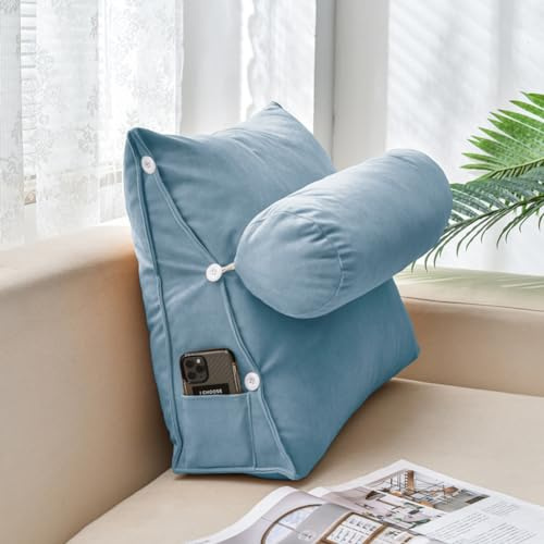 YOUGANG Wedge Pillow with Neck/Head/Lumbar Supoort,Natural Latex Reading Pillow for Sofa,Bed Backrest Cushion,Back Support Cushion for Driving Watching (Blue,60x50x20cm)