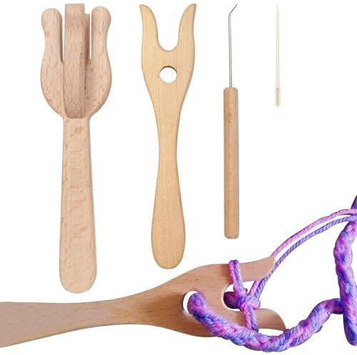 Lucet Häkelgabel, 4-teiliges Set aus geflochtenem Holz für die Herstellung von Teppichen, tragbares Strickgabel-Set mit großer Nadel, Holzgabel und Set D