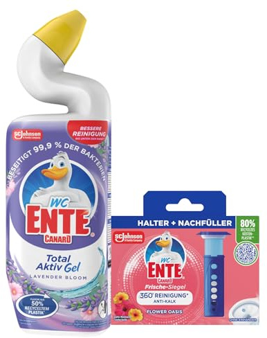 WC-Ente Total Aktiv Gel, Flüssiger WC-Reiniger, antibakteriell, Toilettenreiniger, Lavender Bloom, 1er Pack, 750 ml + WC-Ente Frische-Siegel Starter-Set (inkl. 1 Nachfüller), Büten-Oase Duft, 36 ml