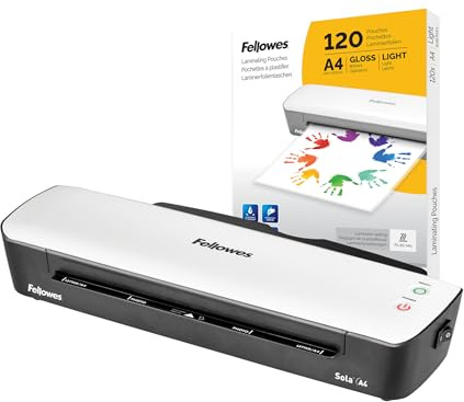 Fellowes Laminiergerät A4 Sola für Zuhause und Homeoffice, für Laminierfolien bis 125 Mikron Stärke, staufrei + Fellowes A4 Laminierfolien, glänzende Oberfläche, 120 Hüllen - Amazon Exclusive