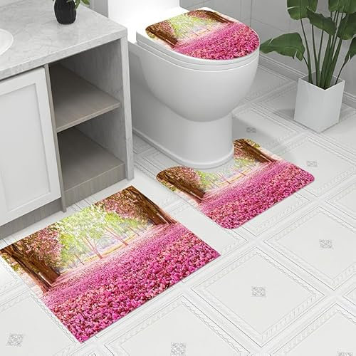 Badrumsmatta rosa blomträd WC matta med utsnitt WC lockskydd 3 delar WC matta halkfri badrumsset U-formad badmatta tvättbar badrumsmatta set 50 x 80 cm