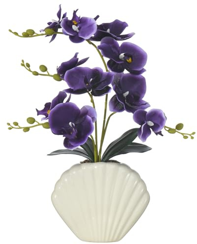YSZL Artificial Phalaenopsis Orchid Plant in Seashell Pot, 16 Fake Orchid Flowers, Silk Faux Orchids for Home Decor, Office, Table Centerpiece, Real Touch Lifelike Indoor House Plant (Deep Purple)