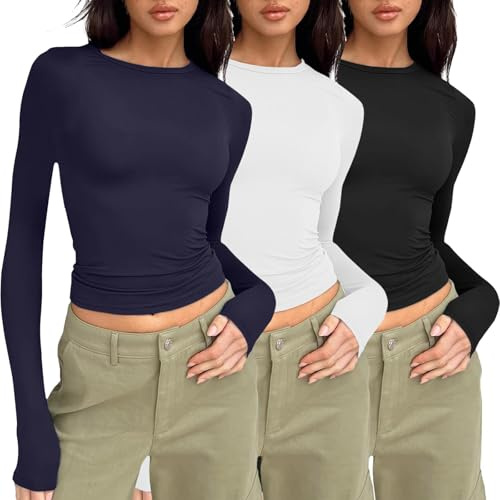 3 Pièces Y2K T-Shirt Haut Court à Manches Longues Ajusté Crop Tops Couleur Unie Basiques Transparent T-Shirt Slim Fit Shirt Sexy Slim Fit Cropped Blouses