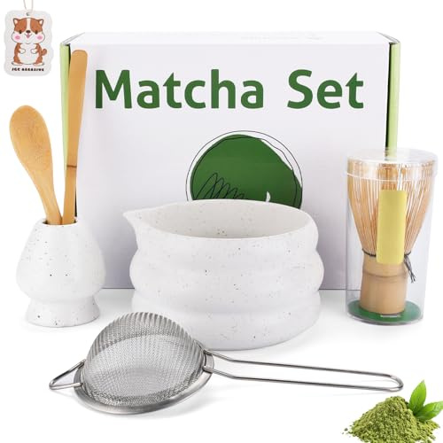 ZUSUZU 7 Pezzi Matcha Kit,Set di Accessori Matcha,Include Ciotola,Frusta di Bambù,Porta Frusta,Colino e Cucchiaio,Set di Ciotole in Ceramica per Matcha per la Cerimonia del Tè