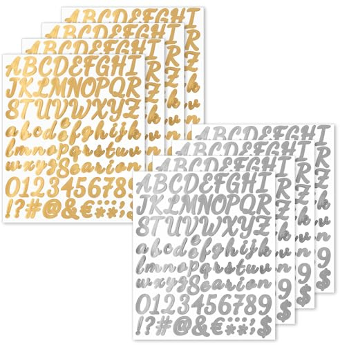 608 Pcs Gold Letter Stickers,Alphabet Stickers Vinyl Letter Sticker for Water Bottles Small Silver Sticker Letters Self-Adhesive Glitter Number for Graduation Cap Scrapbook DIY Crafts (8,1 Inch)