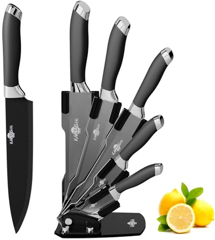 KAZUSHI 6-teilig Messerset mit Messerhalter, Matt Schwarz & Silber