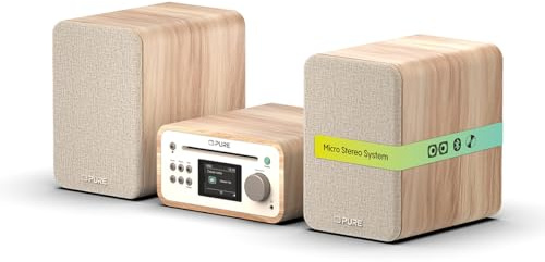 Pure Classic Stereo Mini micro hi fi system mini hifi system with CD player DAB+ & FM radio Bluetooth 5.3 USB AUX headphone jack 40W true stereo 2×20W woofers remote control – Cotton White Oak