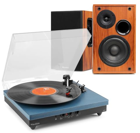 Audizio RP113D Complete Record Player Stereo System with Bluetooth Output, Bluetooth Bookshelf Speakers, USB, 3-Speed Turntable, Dark Blue Finish, HiFi Vinyl Package for Home Audio