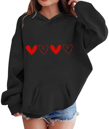 Mjjsk Flickor Hjärtan Grafisk Huvtröjor Mode Långärmad Pullover Tröjor Ledig Snygg Skola Huvtröja Preppy Söt Huvtröja Toppar, Svart, 7-8 Years