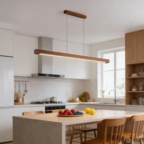 Holz Pendelleuchte LED Esszimmer Dimmbar Esstischlampe Hängelampe Linear Design Hängeleuchte Dimmbare LED Pendellampe mit Fernbedienung, Höhenverstellbare für Büro Küche Esszimmer (Pfirsichholz, 100)