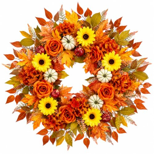 Corona Otoñal Artificial 60cm, Guirnalda Decorativa de Otoño con Calabazas, Girasoles, Rosas, Hojas de Arce, Eucalipto y Vid, Corona Floral Hecha a Mano para Puerta, Pared y Hogar