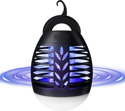 ROVLAK Matamosquitos Eléctrico 2 en 1 con Luz LED de Camping, Lámpara Antimosquitos USB Recargable, 3 Modos de Luz, IP66 Impermeable con Protección UV para Exterior, Jardín, Balcón e Interior