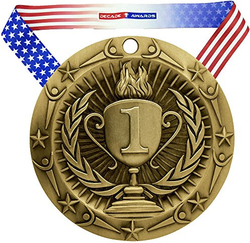 Decade Awards 1st Place Gold Medal - Large Medal | Olympic Award Medals with Stars & Stripes Neck Ribbon - Perfect for School Competitions, Kids, Students, Athletes & Scholars