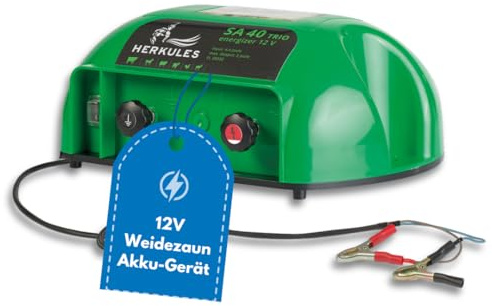 Herkules Weidezaungerät SA 40 - Flexibles 9V/12V/230V Trio-Gerät - Elektrozaungerät für bis zu 30 km Zaun - Mobiles Weidegerät mit 10000 V Leistung für Akku-, Batterie- und Netzbetrieb