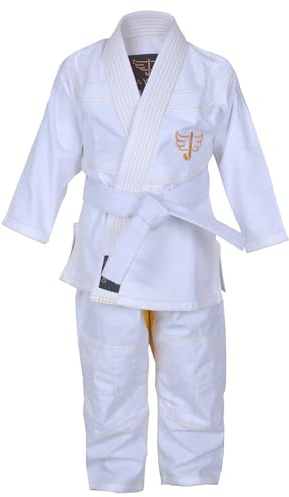 Jayefo Brazilian Jiu Jitsu Gi - Karate Gi Kids for Girls & Boys, Lightweight & Soft Preshrunk Taekwondo Uniform Bjj Gi, Approved IBJJF, Grappling & MMA Karate Suit for Children | (K000, White Gold)
