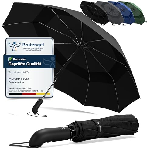 Umbrella Windproof Compact - Strong Storm Proof Frame + Auto Open Close | Women Mens Lightweight Small Travel Folding Golf Brolly + Double Canopy, Ergonomic Handle | Water Resistant Teflon Black