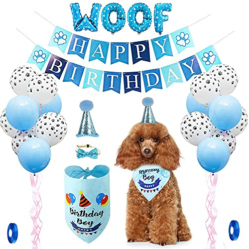 Hunde Geburtstagsparty Zubehör,Hunde Geburtstags Bandana Hut Set, Bandana,Happy Birthday Banner, Dreieck-Schal,Pfotenabdruck Ballon, niedliche Fliege für Haustier Mädchen, Party-Zubehör(blau)