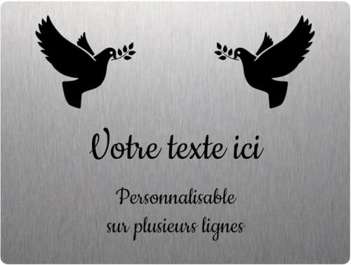 Plaque gravée funéraire motif Deux Colombes avec rameaux autocollante 20x15 cm personnalisée 1 à 3 lignes Alu Brossé
