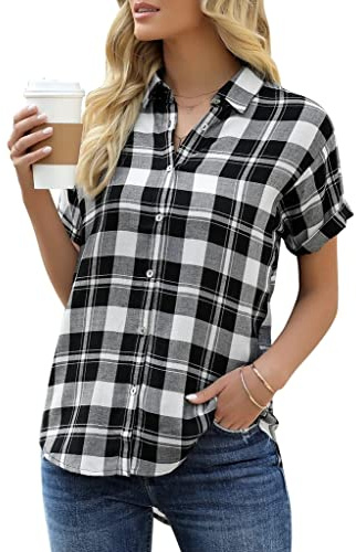 Veatzaer Women's Plaid Short Sleeve Button Down Shirt Casual Summer Blouses Tops Black