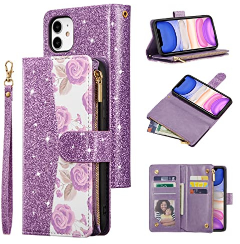 UEEBAI Wallet Case for iPhone 11 6.1 inch, Glitter PU Leather Magnetic Closure Handbag Zipper Pocket Case Kickstand Card Holder Slots with Wrist Strap TPU Shockproof Flip Cover - Bling Purple