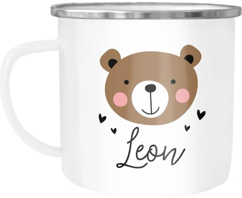 SpecialMe® Kinder-Tasse Emaille Bär, Fuchs, Einhorn mit Namen personalisierte Namenstasse für Kinder Tiermotive Emaille-weiss-silber standard