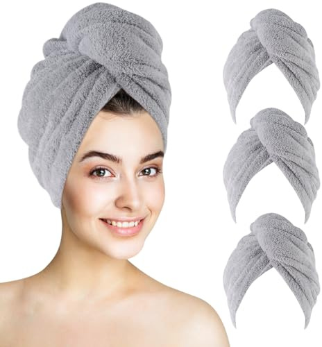 KinHwa Turban Handtuch mit Knopf Bambus Mikrofaser Haarturban für die Haare Kohlefaser Haarhandtuch schnelltrocknend Super saugfähig und weich für Lange Haare und alle Haartypen 25x65cm 3 Stück