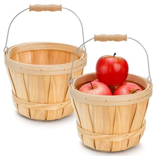 Okllen Lot de 2 paniers ronds en bois avec poignée, seaux à fruits vides en bois, panier de récolte d'automne pour exposer fruits, légumes, fournitures de jardin et de fête, couleur naturelle