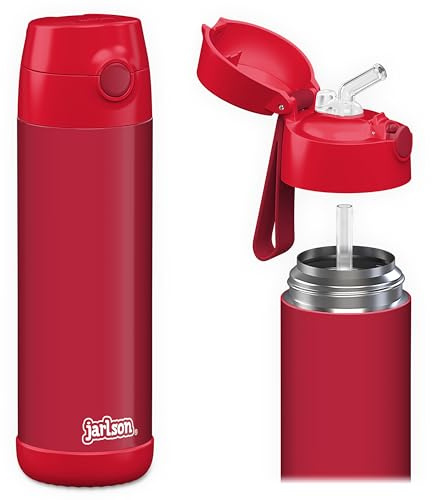Jarlson® Charli Dricksflaska i rostfritt stål med sugrör, termosflaska, TÜV-testad, BPA-fri, läckagesäker, termisk vattenflaska för skola och barnrum, 350 ml (röd)