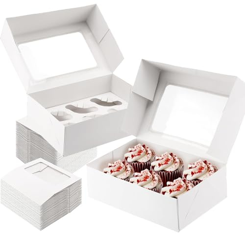 DAKFOOK 40 Pack 6 Hole Cupcake Boxes, White Cup Cake Boxes with Window and Insert, Cardboard Muffin Carrier Boxes for Cakes, Cupcakes, Doughnuts