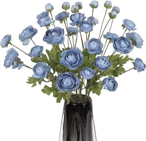 ICBOX Künstliche Ranunkelblumen, 8 Stück, 32 Blütenköpfe, blaue Seidenblumen, künstliche Hahnenfuß, asiatische Butterblumen, lange Stiele für Heimdekoration, Innenbereich, DIY, Blumen, Hochzeit