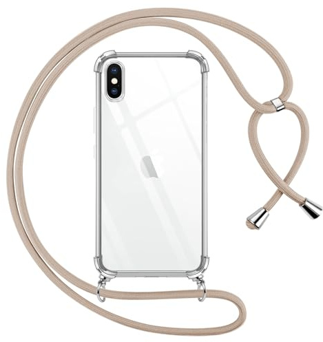 Pnakqil handyband für iPhone XS/X Hülle mit Band, Transparent Weich Silikon mit Kordel Necklace Schnur Anti-Fall Bumper Schutzhülle Case Kompatibel mit iPhone XS 5.8, Khaki