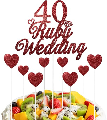40th Anniversary Cake Toppers Set, Red Glitter Ruby Heart Cake Decorations for 40th Wedding Celebration Party Supplies