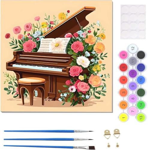 Malen Nach Zahlen Erwachsene Blumen-Klavier Malen Nach Zahlen Kits auf Leinwand, Handgemalt Ölgemälde Leinwand Kits zur Heimdekoration, Pinseln Acrylpigment für Geschenke und Home Deko 20x20cm U-3951