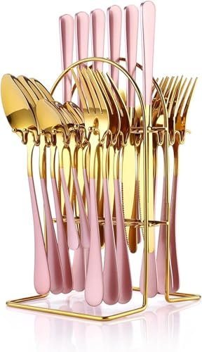 24 Piece Cutlery Set, Stainless Steel Cutlery Set with Holder Service for 6,Mirror Polished Tableware Set for Home Kitchen, Dishwasher Safe (Pink)
