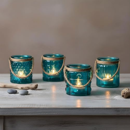 4-pack Glas turkosfärgade ljusstakar H10cm Vindljus Bordsdekoration Retro Marin Dekoration Ljusdekoration Lin