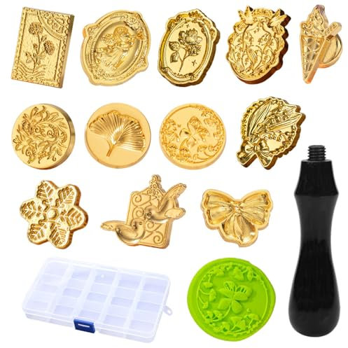 Sctmda Wachssiegel Stempel Köpfe 12 Stück Siegelstempel Vintage Wachs Stempel Set Wachsstempel Köpfe mit 1 Stempelgriff Wachs Siegel Stempel Kit Heteromorph Siegelstempel für Umschlag Hochzeit