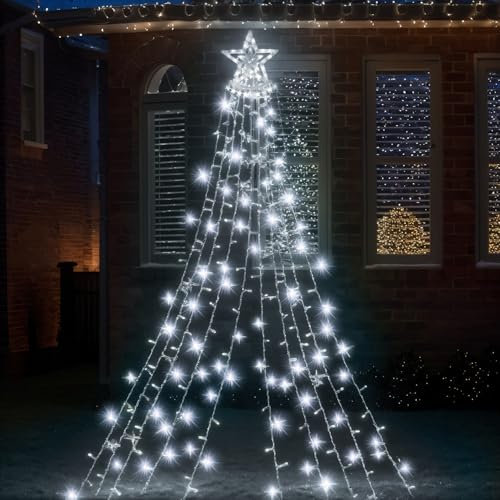 GloBrite Outdoor Curtain Star Fairy Lights, Hanging Window Waterfall Lights, 350 LED, Waterproof, Christmas Tree Lights, Plug in - Christmas Decorations (Cool White)