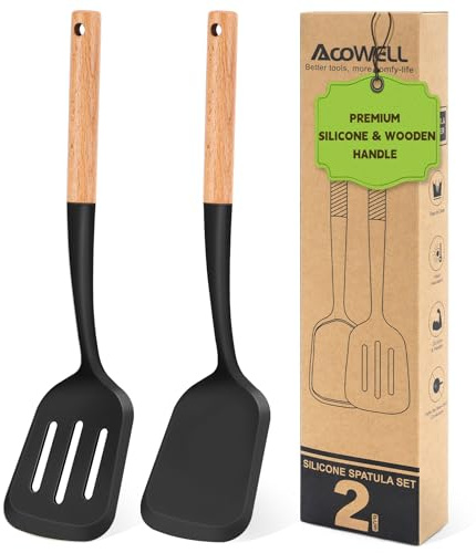 Pack of 2 Silicone Spatula Set with Elegant Wooden Handle, Heat Resistant Solid & Slotted Turner for Non Stick Pans, Great Kitchen Spatulas, Cooking Utensils for Sautéing, Frying, Flipping -Black