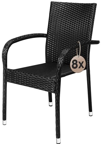 Casaria® Gartenstühle 8er Set Stapelbar | Polyrattan, Wetterfest, 160kg Belastbarkeit, Stuhl mit Armlehne, Gartensessel, Garten, Terrasse, Balkon, Outdoor, Schwarz