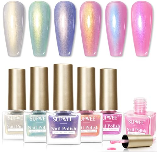 SUPWEE Pearl Nail Polish Set, 6 Colors Quick Dry Mermaid Nail Polish | 7ml Non UV Oil Based Air Fast Drying Nails Varnish Kit for Women Salon Home Use