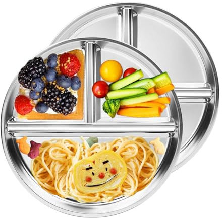 Hundredweat 2 Stück Edelstahl Kinderteller, Geteiltes Lebensmitteltablett,23 cm Portionskontrollteller Geteilte Teller,Bariatrischer Teller,Speiseteller für Erwachsene,Camping-Esstray (Drei Gitter)