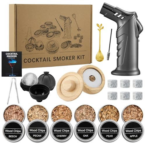 Cocktail Smoker Set (without Butane) - Whiskey Smoking Set with 6 Wooden Chips & 2 Silicone Ice Moulds - Gift for Men, Dad, Husband, Whiskey & Cocktail Lovers - Old Fashioned Set for Home & Bar