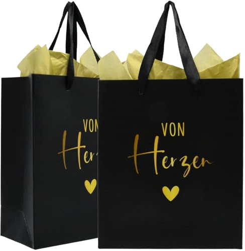 VON Herzen Schwarz Papiertüten mit Henkel Geschenktüten Geschenktaschen Partytüten für Geburtstag Hochzeit Feier Party Baby Showers mit Sydney Papier