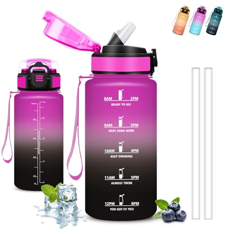 Trinkflasche Kinder, Trinkflasche 500ml, Wasserflasche mit Strohhalm, Auslaufsicher, Wasserflasche mit Zeitmarkierung, Kann mit dir Tragen, Mit Sicherheitsverschluss, Flasche für Büro, Camping, Schule
