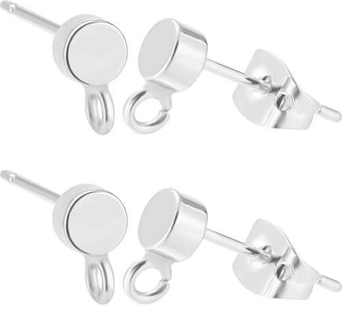 Beebeecraft 1 Scatola da 20 Orecchini A Bottone Rotondi Piatti con Anello da 4mm 925 perni per Orecchini in Ottone Placcato Argento Sterling con 20 Dadi per Orecchini A Farfalla per La Creazione di