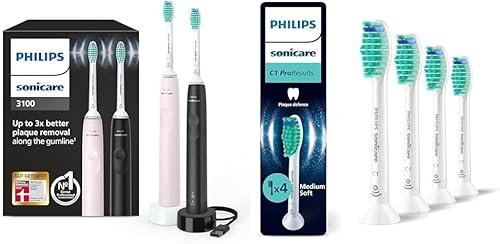 Philips Sonicare 3100 elektrische Zahnbürste, Schallzahnbürste, Zweierpack, Sugar Rose und Schwarz + Philips Sonicare C1 ProResults, Original Ersatzbürstenköpfe, Weiß, 4er-Pack