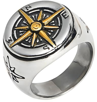 KUTCEK Vintage-Kompass-Ring aus Titanstahl für Herren – Retro-Wikinger-Symbole, nordischer Stil, Schmuck, geheimnisvolles Abenteuer-Geschenk, 33 cm, Titanstahl