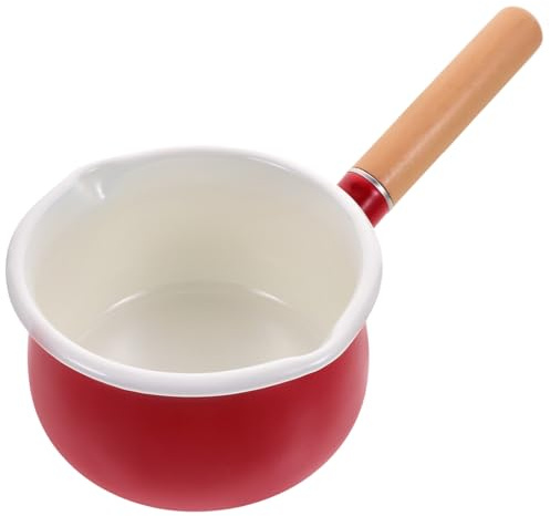 Healifty Pentola Piccola Smaltata Rossa Manico in Legno, Casseruola Antiaderente per Scaldare Latte e Preparare Zuppe in Cucina