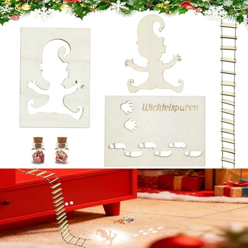 XILEPINGAN Wichtelschablone Fußabdrücke,Wichtelschablone Fußabdrücke Strickleiter Mit 2 Miniatur -Weihnachtsbonbons,Wichtel Fußabdrücke Vorlage,Holz Fußabdruck Schablonen Für Böden (B)