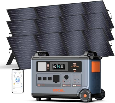 OSCAL PowerMax 6000W Generador Solar Portatil con 3 Panel 200W, 3600Wh LFP Batería, Ampliable hasta 57.6kWh, Carga Rápida 1.2h, 14 Puertos, Estación de Energía para Hogar Emergencia, Camping, Caravana